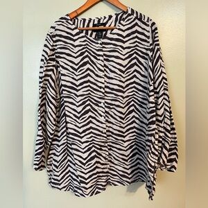Tahari Womens Plus 100% Linen Button Up Zebra Print Blouse Roll Top Sleeves 2X